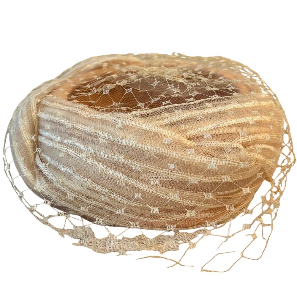 Vintage Beige Pillbox Fascinator Wedding Event Hat Lace Ribbon Trim 50's - 60's